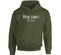 Hippowarehouse here Comes The Bride Unisex Hoodie Hooded top (Specific Size Guide in Description) Olive Green