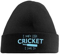 Hippowarehouse I Don't Like Cricket, I Love it Embroidered Beanie Hat Black with Baby Blue Stitch