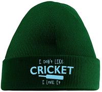 Hippowarehouse I Don't Like Cricket, I Love it Embroidered Beanie Hat Green with Baby Blue Stitch