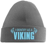 Hippowarehouse I Identify as a Viking Embroidered Beanie Hat Grey with Baby Blue Stitch