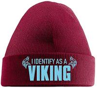 Hippowarehouse I Identify as a Viking Embroidered Beanie Hat Red with Baby Blue Stitch