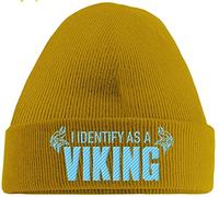 Hippowarehouse I Identify as a Viking Embroidered Beanie Hat Yellow with Baby Blue Stitch