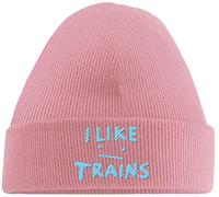Hippowarehouse I Like Trains Embroidered Beanie Hat Pink with Baby Blue Stitch