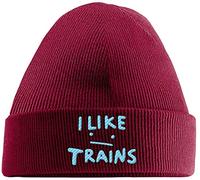 Hippowarehouse I Like Trains Embroidered Beanie Hat Red with Baby Blue Stitch