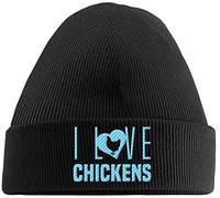 Hippowarehouse I Love Chickens Embroidered Beanie Hat Black with Baby Blue Stitch