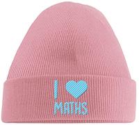 Hippowarehouse I Love Maths Embroidered Beanie Hat Pink with Baby Blue Stitch