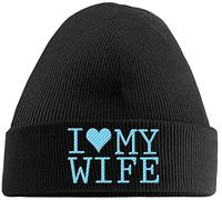 Hippowarehouse I Love My Wife Embroidered Beanie Hat Black with Baby Blue Stitch