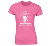 Hippowarehouse I met li'l Sebastian at The Pawnee Harvest Festival Womens Fitted Short Sleeve t-Shirt (Specific Size Guide in Description) Pink