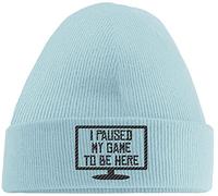 Hippowarehouse I Paused My Game to be here Embroidered Beanie Hat Blue with Black Stitch