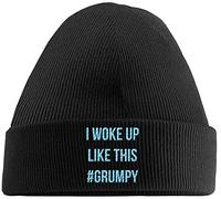 Hippowarehouse I Woke Up Like This #Grumpy Embroidered Beanie Hat Black with Baby Blue Stitch