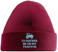 Hippowarehouse I'd Rather be on My Tractor Farmer Embroidered Beanie Hat Red with Baby Blue Stitch