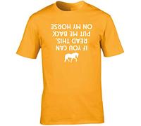Hippowarehouse If You Can Read This, Put Me Back On My Horse (Printed Upside Down) Unisex Short Sleeve t-Shirt (Specific Size Guide in Description) Gold