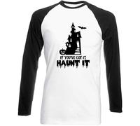 Hippowarehouse If You've Got It Haunt It! Spooky Halloween House Unisex Long Sleeve Baseball Two Tone t-Shirt