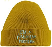 Hippowarehouse I'm a Yorkshire Pudding Embroidered Beanie Hat Yellow with Baby Blue Stitch