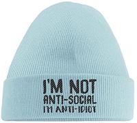 Hippowarehouse I'm not Anti-Social I'm Anti-Idiot Embroidered Beanie Hat Blue with Black Stitch