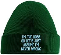 Hippowarehouse I'm The Boss so Let's Just Assume I'm Never Wrong Embroidered Beanie Hat Green with Baby Blue Stitch