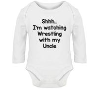 Hippowarehouse I'm Watching Wrestling with My Uncle Baby Vest Bodysuit (Long Sleeve) Boys Girls White