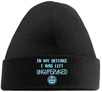 Hippowarehouse in My Defence I was Left Unsupervised Embroidered Beanie Hat Black with Baby Blue Stitch