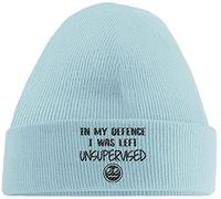 Hippowarehouse in My Defence I was Left Unsupervised Embroidered Beanie Hat Blue with Black Stitch