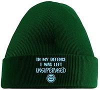 Hippowarehouse in My Defence I was Left Unsupervised Embroidered Beanie Hat Green with Baby Blue Stitch