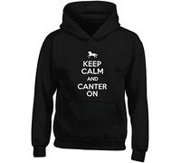 Hippowarehouse Keep Calm and Canter On Horse Riding Kids Children's Unisex Hoodie Hooded top Black