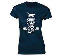 Hippowarehouse Keep Calm and Hug Your cat Womens Fitted Short Sleeve t-Shirt (Specific Size Guide in Description) Navy