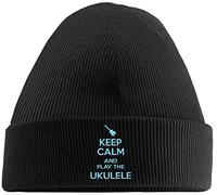 Hippowarehouse Keep Calm and Play The Ukulele Embroidered Beanie Hat Black with Baby Blue Stitch