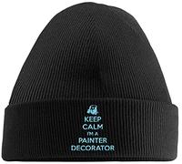 Hippowarehouse Keep Calm I'm a Painter Decorator Embroidered Beanie Hat Black with Baby Blue Stitch