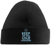 Hippowarehouse Keep thi' sen' Calm Tha's from Yorkshire Embroidered Beanie Hat Black with Baby Blue Stitch