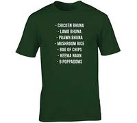 Hippowarehouse Lamb bhuna, Chicken bhuna, prawn bhuna, Mushroom Rice, a Bag Chips, naan Bread and Nine poppadoms Unisex Short Sleeve t-Shirt (Specific Size Guide in Description) Forest Green