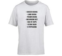 Hippowarehouse Lamb bhuna, Chicken bhuna, prawn bhuna, Mushroom Rice, a Bag Chips, naan Bread and Nine poppadoms Kids Children's Short Sleeve t-Shirt White