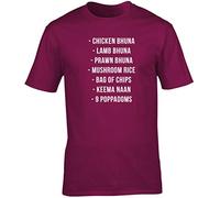 Hippowarehouse Lamb bhuna, Chicken bhuna, prawn bhuna, Mushroom Rice, a Bag Chips, naan Bread and Nine poppadoms Unisex Short Sleeve t-Shirt (Specific Size Guide in Description) Maroon