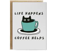 Hippowarehouse Life Happens Coffee Helps for Caffeine Cat Lovers Pet Owners Personalised Card A6 with envelope for him for her Funny Cards for Men and Women Blank inside option