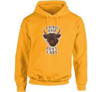 Hippowarehouse Long Hair Don't Care the Highland Cow unisex Hoodie hooded top XL adult Mustard