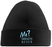 Hippowarehouse Me? Sarcastic Never Embroidered Beanie Hat Black with Baby Blue Stitch