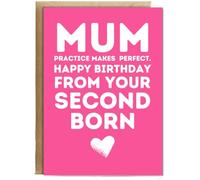 Hippowarehouse Mum practice makes perfect. Happy birthday from your second born Birthday Card A5 Personalised with envelope for him for her Funny Cards for Men and Women Blank inside option