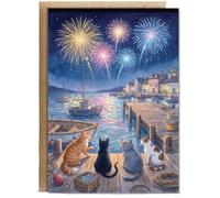 Hippowarehouse New Year Fireworks Over the Harbour cats Personalised Card A6 with envelope for him for her Funny Cards for Men and Women Blank inside option