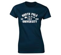 Hippowarehouse North Pole University Established 1909 with Santa Sleigh and Forest Womens Slim fit Short Sleeve t-Shirt Small (UK Size 10) Navy Blue