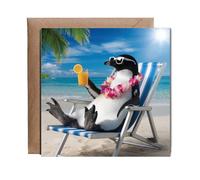 Hippowarehouse Penguin on the beach Personalised Card. 15cm x 15cm with envelope for him for her Funny Cards for Men and Women Blank inside option