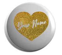 Hippowarehouse PERSONALISED Any Name in Gold Glitter Heart Badge Pin 25mm