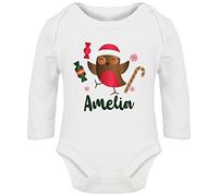 Hippowarehouse Personalised Christmas Sweets Robin Baby Vest Bodysuit (Long Sleeve) Boys Girls White