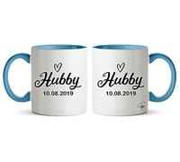 Hippowarehouse Personalised Hubby & Wifey Anniversary Mug Set of 2 Any Date Here Wedding Gift Present For Bride and Groom Mr&Mrs Blue Pink VARIOUS OPTIONS