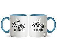 Hippowarehouse Personalised Hubby & Wifey Anniversary Mug Set of 2 Any Date Here Wedding Gift Present For Bride and Groom Mr&Mrs Blue Pink VARIOUS OPTIONS