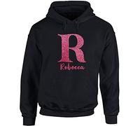 Hippowarehouse Personalised Name Initial - Glitter Unisex Hoodie Hooded top (Specific Size Guide in Description) Black
