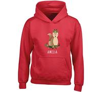 Hippowarehouse Personalised Squirrel Woodland Creature Kids Children's Unisex Hoodie Hooded top Red