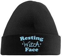 Hippowarehouse Resting Witch Face Embroidered Beanie Hat Black with Baby Blue Stitch