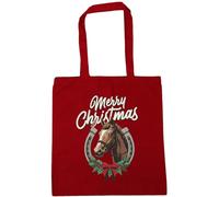 Hippowarehouse Retro Western Holiday Merry Christmas Country Horse and Lucky Horse Shoe Wreath Tote Shopping Gym Beach Bag 42cm x38cm, 10 litres