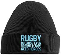 Hippowarehouse Rugby Because Even Football Players Need Heroes Embroidered Beanie Hat Black with Baby Blue Stitch