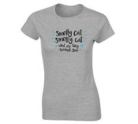 Hippowarehouse Smelly cat Smelly cat What are They Feeding You Womens Fitted Short Sleeve t-Shirt (Specific Size Guide in Description) Grey