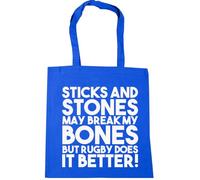 Hippowarehouse Sticks and stones may break my bones but rugby does it better Tote Shopping Gym Beach Bag 42cm x38cm, 10 litres
